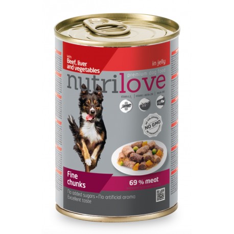 Nutrilove Chunks Dog Beef/Liver/Veg in Jelly - кусочки с говядиной, печенью и овощами в желе (упаковка 12 штук по 405г)