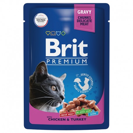 Brit Premium влажный корм для взрослых кошек с цыпленком и индейкой в соусе 85 г, (14 шт в уп.)