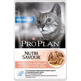 Пресервы Pro Plan NUTRI SAVOUR Housecat - для домашних кошек с лососем в соусе (упаковка 24 штуки по 85г)