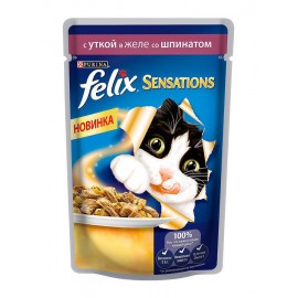 FELIX SENSATIONS влажный корм с уткой и шпинатом в желе для взрослых кошек (упаковка 24 штуки по 85г)