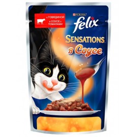 FELIX SENSATIONS влажный корм с говядиной и томатами в соусе для взрослых кошек (упаковка 24 штуки по 85г)