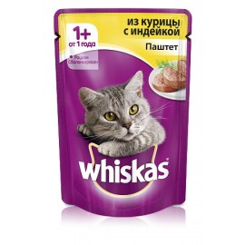 Пресервы Whiskas паштет с курицей и индейкой для взрослых кошек, упаковка 24 штуки по 85г