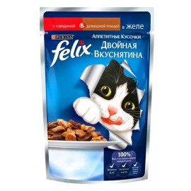 FELIX "Двойная вкуснятина" - аппетитные кусочки в желе с говядиной и домашней птицей для кошек (упаковка 24 штуки по 85г).