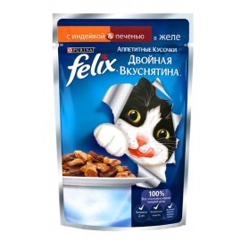 FELIX "Двойная вкуснятина" - аппетитные кусочки в желе с индейкой и печенью для кошек (упаковка 24 штуки по 85г)